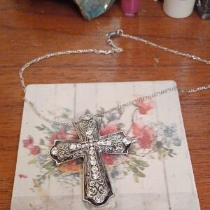Silver Cross Pendant Necklace with Clear Rhinestones - Women Jewelry